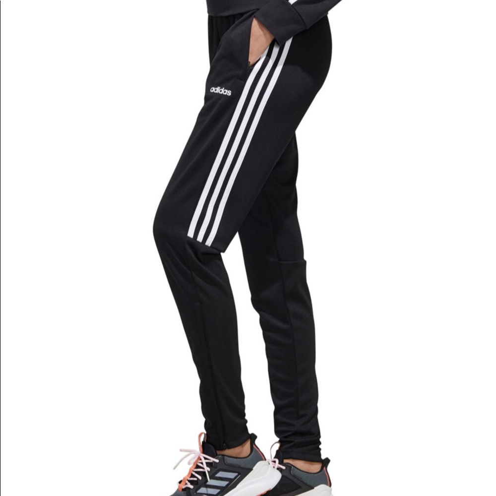 >Black adidas pants with half stripes